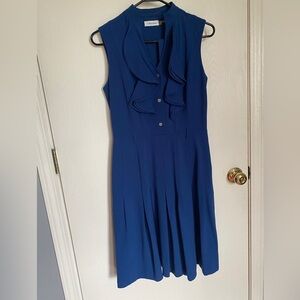 Calvin Klein Ruffle Front Belted Sleeveless Flare Dress Blue 4